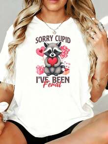 Lo siento, Cupido, he sido un mapache. Camiseta de San Valentín para mujer con diseño de animales adorables, diseño de corazón de amor, talla grande, 180g, para ocio en casa, al aire libre, regalo para fiesta de San Valentín. - Blanco - Ver 7