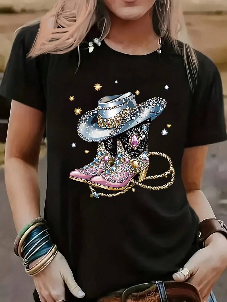 Short-Sleeved Western Cowboy Series Printed T-Shirt, Fashionable And , Casual And Versatile, Regular Length For All Seasons. The Design Of This Product Is Printed With Rhinestones/Glitter Only For Visual Effect. They Are Not Physical Decoration - Black - View 1