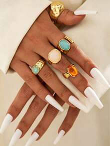 5/12pcs Set Fashionable Bohemian Geometric Hollow Asymmetric Abstract Design Faux Pearl Adjustable Gold Tone Faux Gemstone Colorful Ring Set, Jewelry Accessories Suitable For Women's Daily And Party Decoration, Gift - Yellow Gold - View 5
