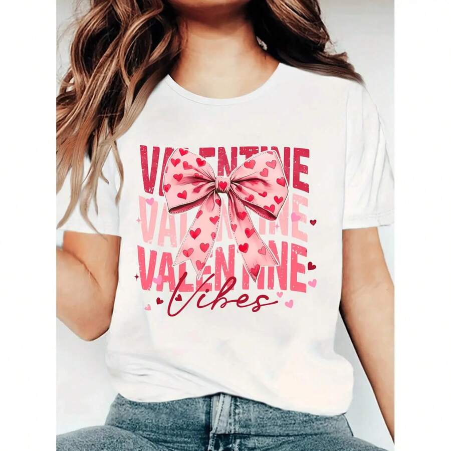 Valentine's Day Women's Casual Short Sleeve T-Shirt - Pink & Red Heart Bow Design, Relaxed Fit, Breathable Summer Fabric, Machine Washable, Valentine's Day T-shirts - Blanco - Ver 1