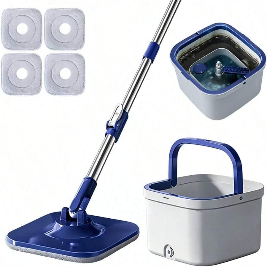 Microfiber Spin Mop Bucket Cleaning System With Wringer, 52''Long Handle & 4 Flat Mop Pads Replacement, Lazy Home Essentials For Wet Dust Hardwood Wood Wall Floor Household Cleaner Tools Set - A - Xem 1