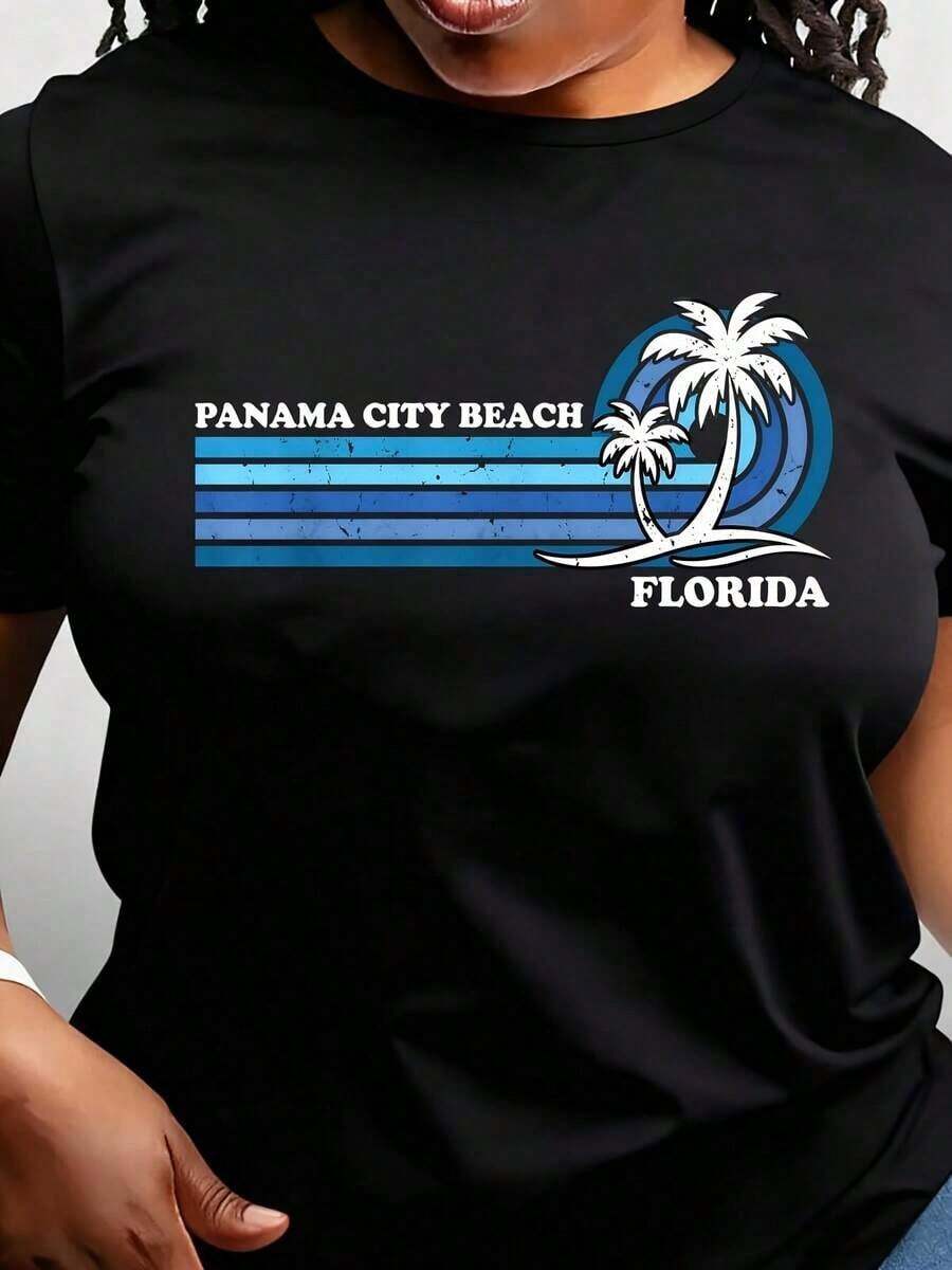 Camiseta Casual para Mujer, Estilo Retro Vintage, para Vacaciones Familiares en Florida, Ciudad de Panamá, Playa - Negro - Ver 1