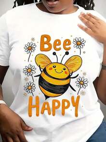 Bee Happy T-Shirt With Graphic Bee Design, Funny Bee Design T-Shirt, T-Shirt With Positive Quote, Gift For Bee Lovers, Casual T-Shirt. - White - View 6