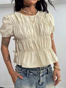 Blusas de mujer con manga corta, cuello redondo, fruncido, encaje y abertura lateral para primavera y verano, estilo Y2K ideal para citas, festivales de música y conciertos - Caqui - Ver 6