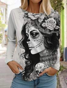 Camisa de manga larga con estampado de calavera de azúcar para mujer, camisas del Día de los muertos, Tops estampados en 3D, ropa de mujer de estilo gótico de verano - CAC04G2025151R3 - Ver 6