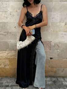 YHHVestido asimétrico con tirantes de espagueti, calado y parches de encaje y satén, estilo retro francés, elegante y sexy, vestido de espalda descubierta de unicolor con empalme de encaje para vacaciones y fiestas de veranoYHH - Negro - Ver 3
