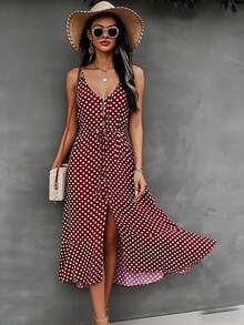 Vestido midi rojo de lunares para mujer con cuello en V, cintura con cordón, volantes y bajo dividido, ideal para vacaciones, playa, primavera y verano. - Rojo - Ver 3