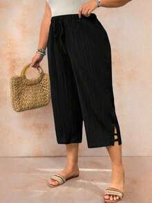 Pantalones casuales sueltos para mujer de talla grande, de unicolor, con cintura elástica y cordón - Negro 2 - Ver 6