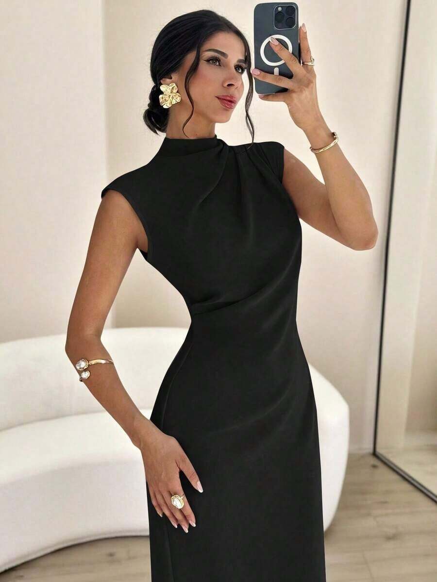 Vestido largo de verano elegante y minimalista para uso diario, viajes y ocasiones casuales, con cuello mao, mangas drapeadas y cintura ceñida, color albaricoque - Negro - Ver 1