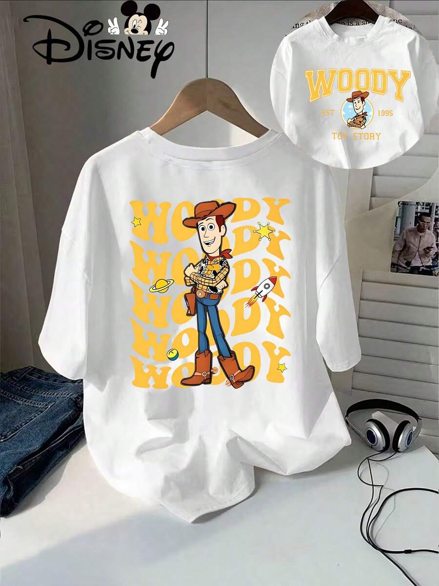 Disney Genuine Women'S Summer Clothing Woody Cartoon Character And TOY STORY Logo Pattern Summer New Short Sleeve T-Shirt Top Women'S Casual Fashion Printed T-Shirt Women - trắng - Xem 1