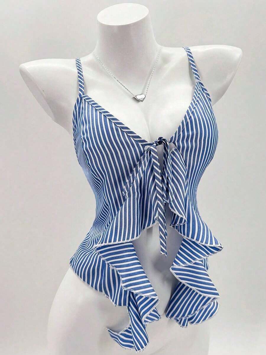 Blusa de verano informal para mujer con rayas y volantes en los tirantes - Azul - Ver 1