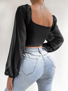 Blusa de manga farol con cuello de corazón y pliegues, corta - Negro 3 - Ver 2
