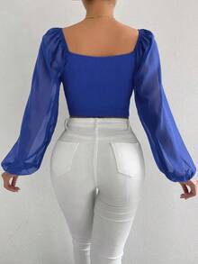 Blusa de manga farol con cuello de corazón y pliegues, corta - azul real - Ver 2
