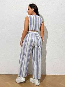 Enterizo casual sin mangas de talla grande con cuello en V y estampado de rayas con botón de un solo pecho - Azul - Ver 2