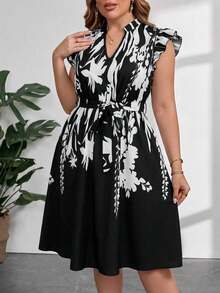 Vestido con estampado gráfico, cuello con muesca, volantes, cinturón, lunares, vestidos para mujer, vestidos casuales de primavera, vestidos de picnic, vestidos de verano, vestidos de primavera, vestidos de festival, vestidos de Pascua, vestid - Negro - Ver 5