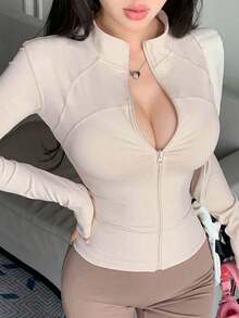Chaqueta casual de ajuste ceñido con cuello alto y cremallera para mujer, para otoño e invierno - Beis - Ver 7