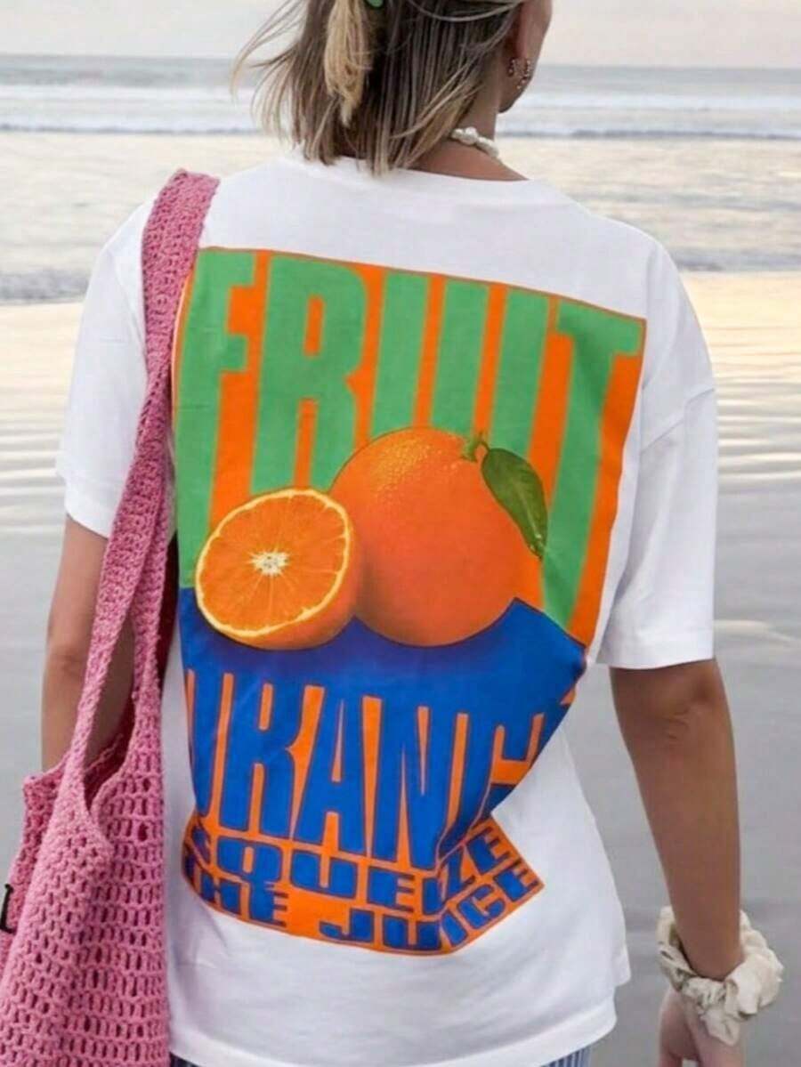 Camiseta Oversize para Mujer con Estampado Gráfico de Naranja Exprimida, Estilo Y2K, Vintage Retro de los 90, Ropa de Calle de Verano, Corte Holgado, Hombros Caídos, Cuello Redondo, Estilo Preppy Coquette, Top Gráfico a la Moda, Camiseta Cómoda y Transpirable para Uso Diario, Vacaciones, Playa, Brunch, Conciertos, Festivales de Música, Regreso a Clases, Estilo Urbano, Salidas Casuales, Moda Casual de para Adolescentes y Mujeres Jóvenes. DPLX - Blanco - Ver 1