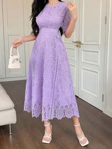 Vestido corto con adorno de encaje en las mangas, vestido mini elegante y refinado - Morado - Ver 2