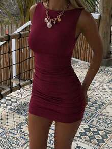 Vestido mini de punto de unicolor con hombros descubiertos, ceñido y sexy para mujer.Vestidos cortos con cuello de hombros descubiertos, apropiado para el Día de San Valentín, elegante - Burdeos - Ver 9