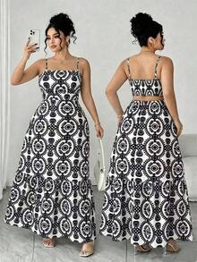 Vestido elegante de mujer talla grande con tirantes finos, cintura fruncida y diseño evasé, con estampado de hojas de dos colores, diseño evasé estilizador, elegante y sofisticado, adecuado para volver al colegio, graduación, San Valentín, festiva - Negro - Ver 1