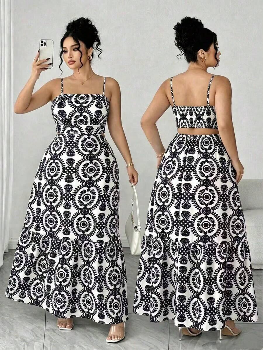 Vestido elegante de mujer talla grande con tirantes finos, cintura fruncida y diseño evasé, con estampado de hojas de dos colores, diseño evasé estilizador, elegante y sofisticado, adecuado para volver al colegio, graduación, San Valentín, festiva - Negro - Ver 1