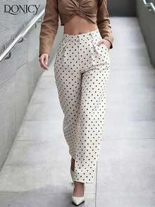 Pantalones rectos plisados de cintura alta, de unicolor, para mujer, suaves y cómodos, versátiles, elegantes y casuales urbanos, adecuados para uso diario casual, citas, fiestas, San Valentín, carnaval y oficina - Albaricoque 2 - Ver 11