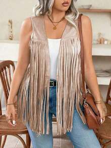 Cazadora sin mangas de unicolor para talla grande, de moda para el verano - Camel - Ver 4