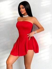 Vestido mini sin tirantes con dobladillo de volantes para mujer - Rojo - Ver 10
