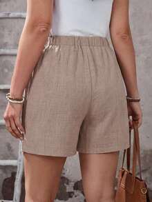 Pantalones cortos de verano de color azul marino sólido con bolsillos para mujeres de talla grande, vacaciones de verano, vacaciones de primavera, vacaciones para mujeres, salir, 2026 nuevo, simple y de moda para uso diario, pantalones cortos b - Gris - Ver 2