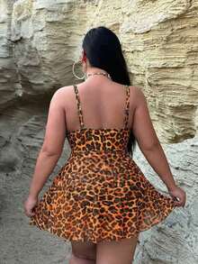 2026 Traje de baño de una pieza con efecto estilizante para tallas grandes| Estampado de leopardo clásico de estilo retro salvaje| Escote en V con lazo ajustable en la parte delantera para realzar el busto| Abertura frontal + dobladillo d - Multicolor 4 - Ver 2