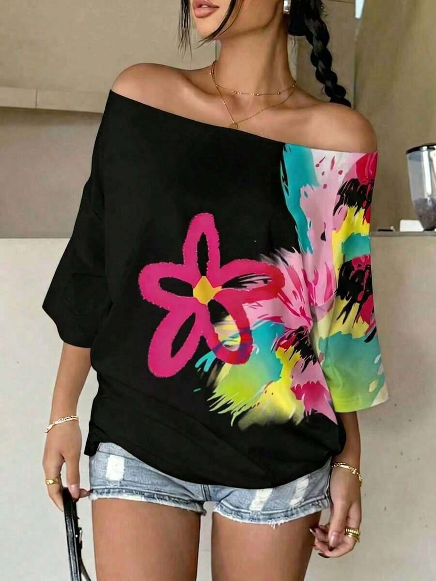 Camiseta suelta de mujer con estampado floral y hombros descubiertos, manga 3/4 - Negro 2 - Ver 1