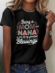 Women's T-Shirt With "Mom And Grandma" Print - Short Sleeve, Round Neck, Casual Style, Geometric Pattern, Medium Elasticity, Machine Washable, Comfortable For All Seasons, Ideal For Spring And Summer, Relaxed Weekend Outfit, Eye-Catching T-Shirt, Easy Care Clothing, Lightweight And Breathable Fabric, Exclusive For Fashion Lovers, Universal Basic Style. - 黑色 - 查看 3