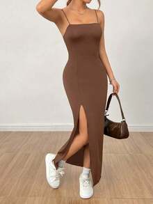 Vestido largo negro de mujer con correa de abertura alta y unicolor - Marrón - Ver 7