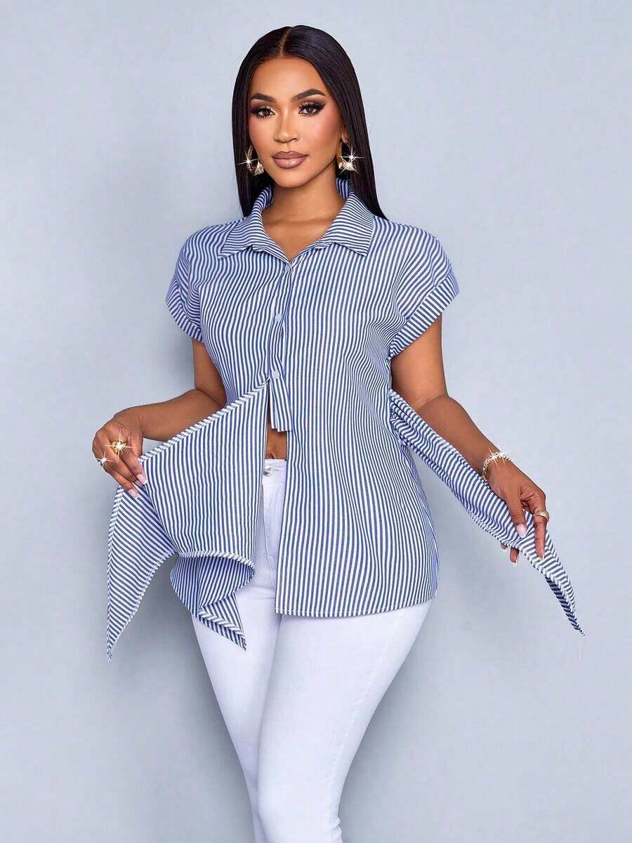 Camisa con botones y estampado de rayas para mujer, blusa casual y elegante con lazo delantero con estampado de rayas - Azul - Ver 1