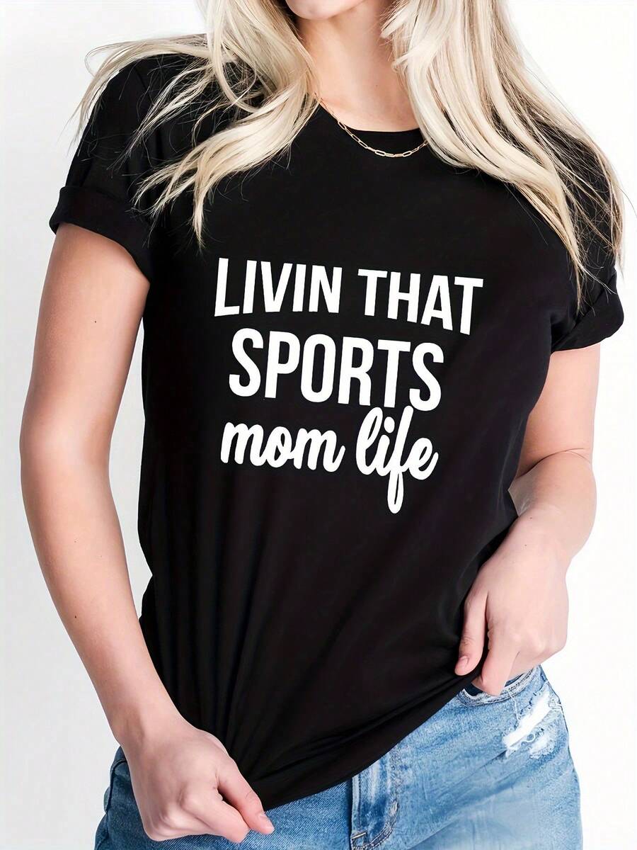 Camiseta Casual de Primavera-Verano con Estampado de Letras, Cuello Redondo, Manga Corta, Top Deportivo para Mujer - Negro - Ver 1