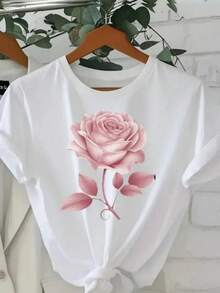 Camiseta unisex de talla grande con estampado de rosas rosas - 100% algodón, manga corta, cuello redondo, diseño floral minimalista, corte holgado, estilo casual para mujeres y hombres. - Blanco - Ver 7