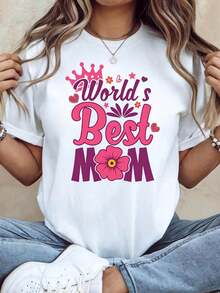 Women's T-Shirt With 'World's Best Mom' Theme - Floral Wreath And Slogan Decoration, Casual Short Sleeve, Pink-Purple, Warm, For Mother's Day, To Express Everyday Love - 白色 - 查看 1