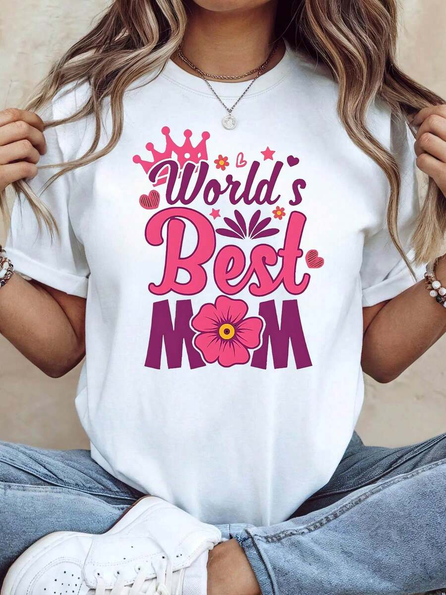 Women's T-Shirt With 'World's Best Mom' Theme - Floral Wreath And Slogan Decoration, Casual Short Sleeve, Pink-Purple, Warm, For Mother's Day, To Express Everyday Love - 白色 - 查看 1