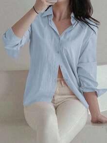 Blusa holgada y versátil de unicolor para mujer, prenda de vestir de otoño con manga larga - Azul - Ver 5