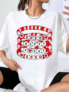 Women's Xoxo Heart Beaded Graphic T-Shirt For Valentine's Day, Casual Loose Fit, Valentine's Day Gift - 白色 - 查看 7