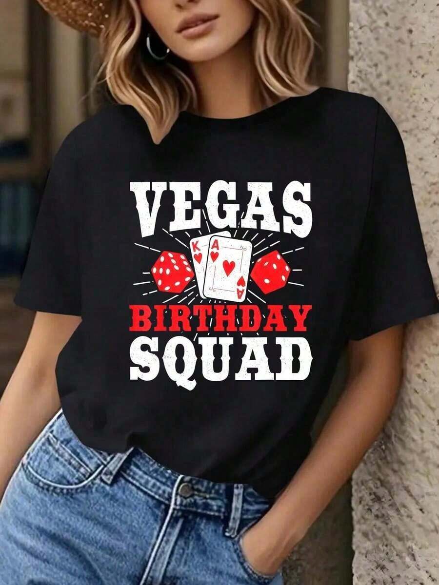 Women's Graphic T-Shirt "Las Vegas Birthday Squad" - Black, Casual, Short Sleeve, Crew Neck, With Poker Card Symbols, Medium Stretch Polyester, Machine Washable, Spring/Summer Party Wear, Celebration Garment, Bold Lettering T-Shirt, Non-See-Through Fabric - 黑色 - 查看 1