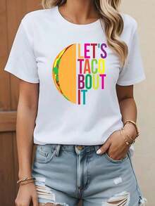 1 Piece VIVA MEXICO, TOCO TUESDAY, Corn Tortilla Element, Women's Plus Size Top With Mexican Theme Print, Round Neck, Short Sleeve, 31. Casual, Fashionable, Comfortable, Round Neck, Short Sleeve, Popular Now, New High-End Arrivals, Popular Item, For Couples, Best Friends, Matching Sets For Family, Fashionable Women's T-Shirt, Suitable For All Seasons (Spring, Autumn, Winter), 180g, 100% Cotton. - 白色 - 查看 6