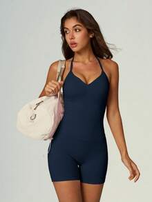 UONNOU Peach Butt Lifting Fitness Jumpsuit, Halter Neck V-Neck Ruched Front Yoga Jumpsuit - Blue - View 4