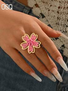 OOQ 1pc Vacation Style Five-Petal Rattan Flower Open Ring, Adjustable Size Portable Colorful Floral Ring For Women, Bridesmaid Gift, Friend Gift (Handmade Rattan Weaving, Random Shape) - Pink - View 4