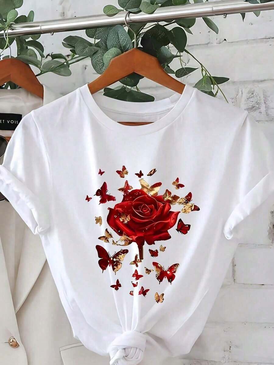 Women's White T-Shirt With Red Rose And Gold Butterfly Print - Soft And Breathable Fabric, Round Neck, Short Sleeve, Machine Washable, For Casual And Party Wear, Elegant Floral Design For Spring, Summer And Autumn, Comfortable And Durable Fashionable T-Shirt For Everyday Wear - 白色 - 查看 1