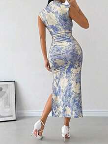 Vestido de verano midi de punto plisado con estampado floral de acuarela y abertura lateral, elegante para vacaciones y uso diario - Multicolor - Ver 4