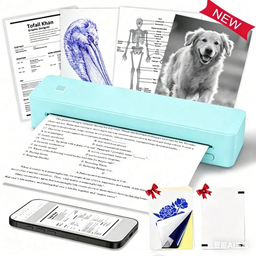 Inkless Portable Thermal Printer, Bluetooth Wireless A4 Printer With 1500mAh Battery, Supports Continuous & Single Thermal Paper, USB & Bluetooth Connection, Compatible With IOS/Android/Windows, Compact Design, Perfect For UK Business Trips, Travel - Mint Green - View 1