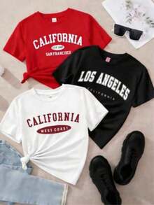 Camisetas de manga corta para mujer con cuello redondo. Conjunto de una sola pieza, no es un conjunto de 3 piezas. Es solo una camiseta. Camiseta cómoda 100% algodón, con estampado universitario "Los Angeles California", cuello redondo informal, manga corta, transpirable, top negro de verano para mujer. - Blanco - Ver 4