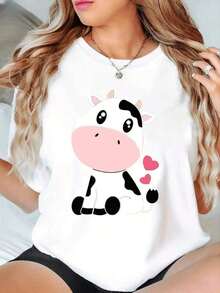 Vintage Women's Clothing: Cute And Kawaii White Cow Print T-Shirt With A Round Neck, Casual, Made Of Pure Cotton. Women's Basic Top. - 白色 - 查看 6