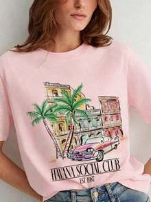 Women Havana Social Club T-Shirt Loose Short Sleeve Vintage Boho Graphic Tees Cute Aesthetic Vacation T Shirt Retro Summer Tops,Women's Graphic Round - 粉色 - 查看 10